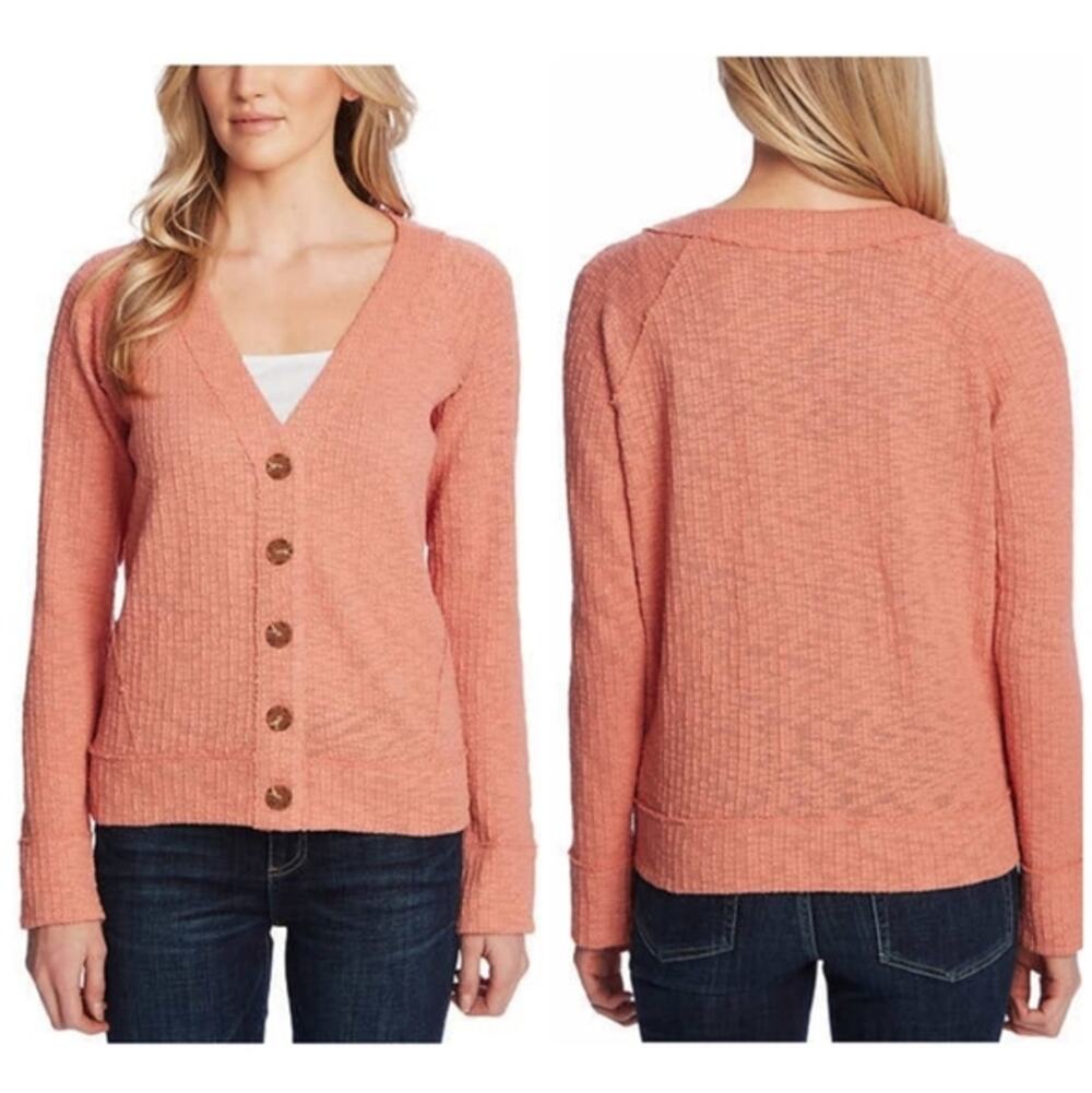 Two by Vince Camuto Salmon Button Down V Neck Textured Cardigan Sweater Sz XXL